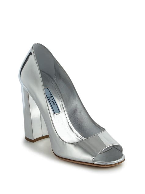 prada metallic peep-toe pump silver|Prada Metallic Peep.